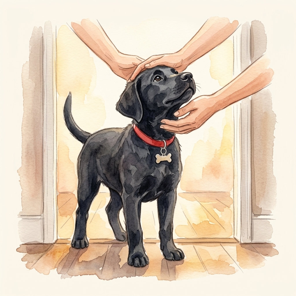 Hands cupping a puppy's face at the front door