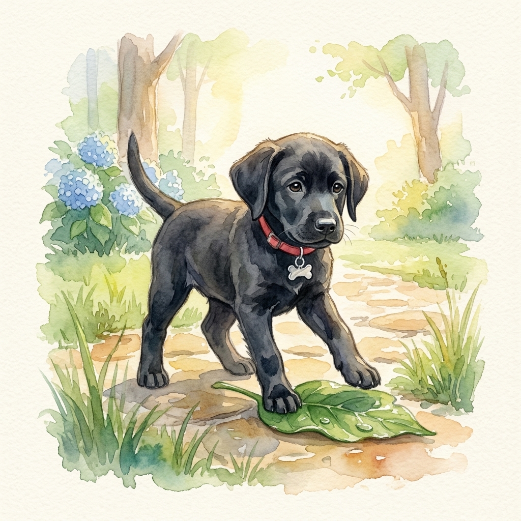 Puppy exploring a leafy garden path