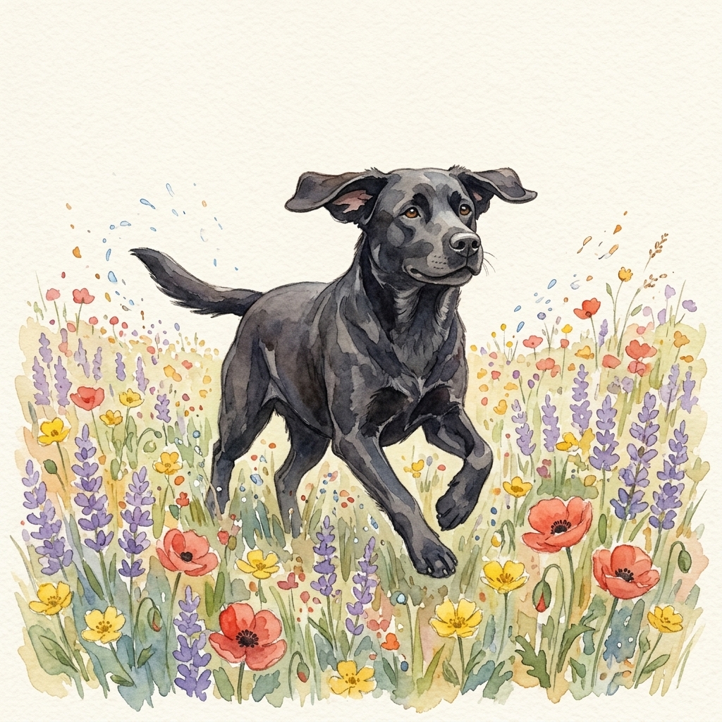 Dog running through a field of wildflowers