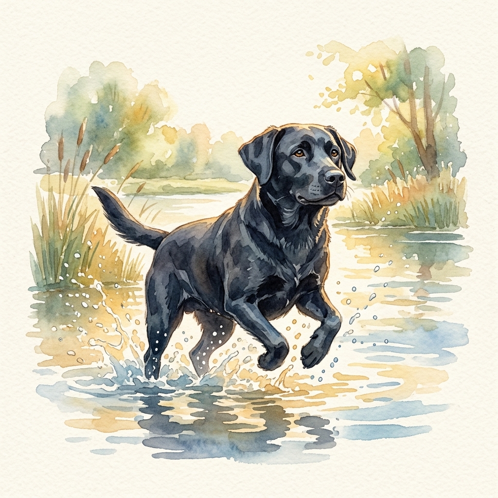 Dog splashing through a pond