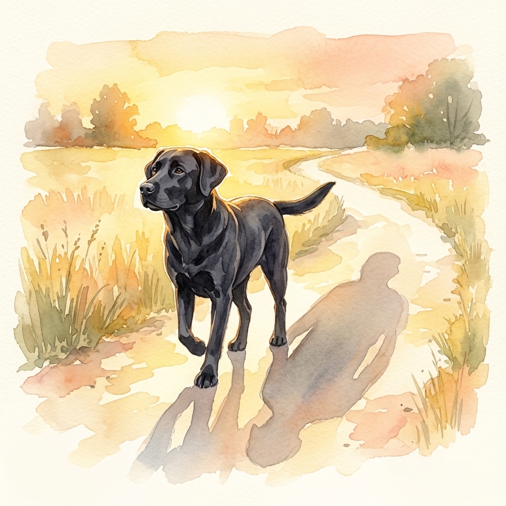 Dog walking a golden path at sunset