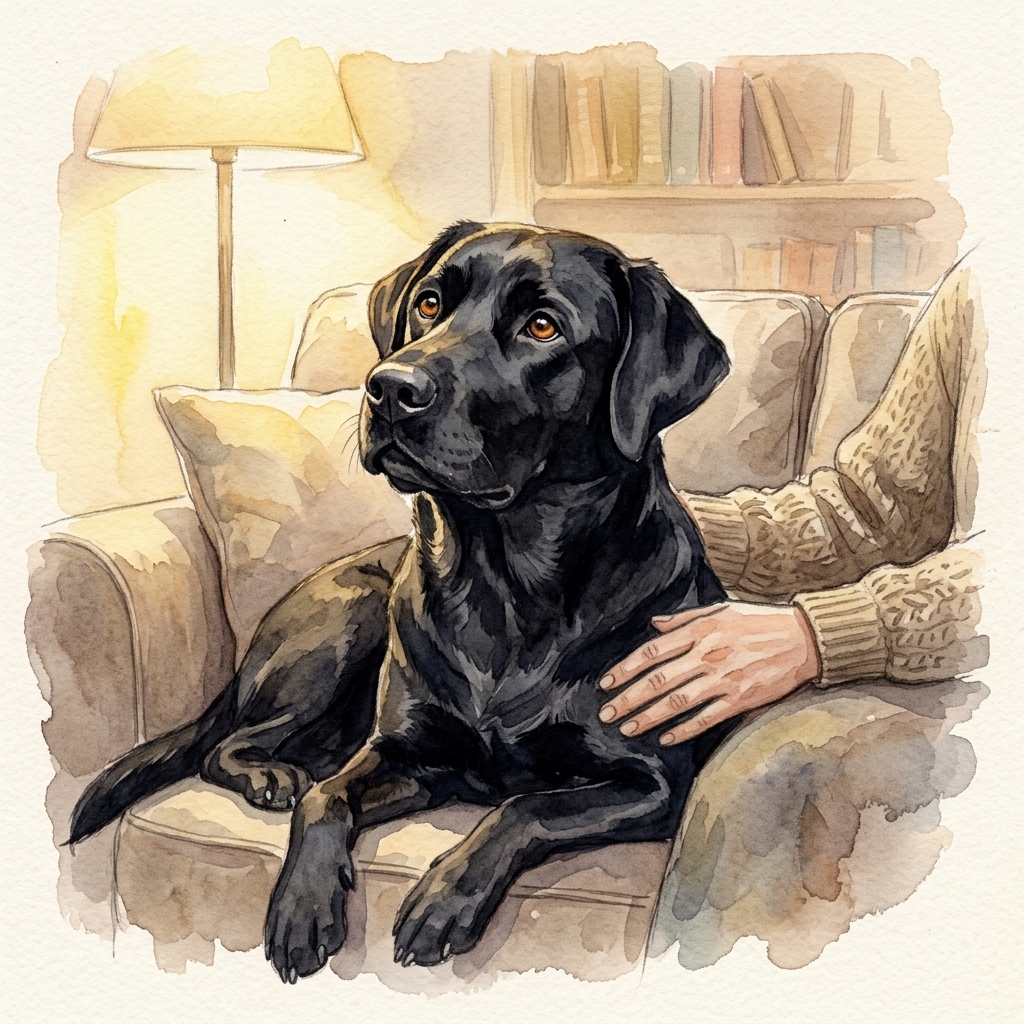 Dog resting on the couch with a hand petting it