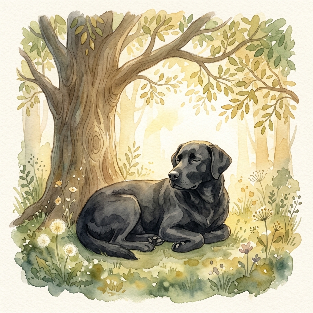 Dog resting peacefully under a tree