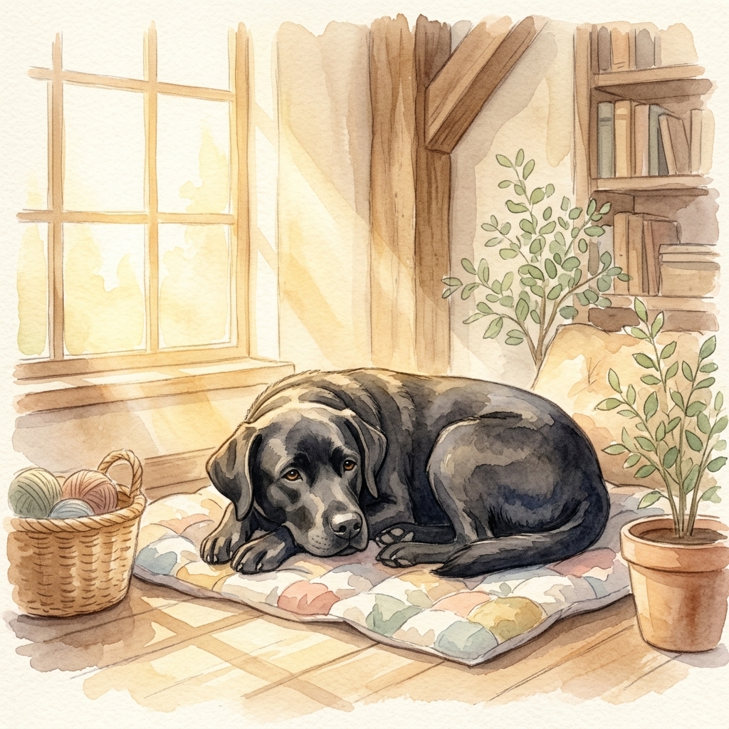 Dog resting on a quilt in a sunbeam