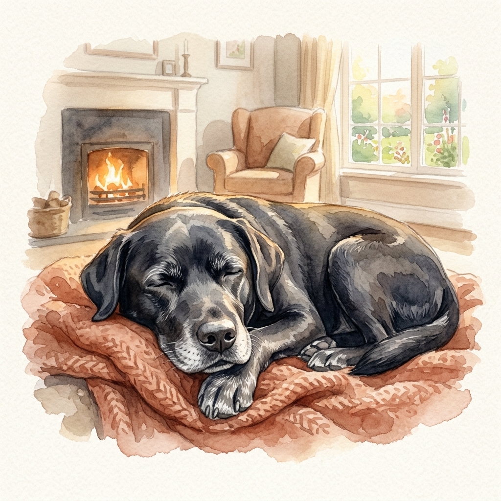 Older dog sleeping by the fireplace