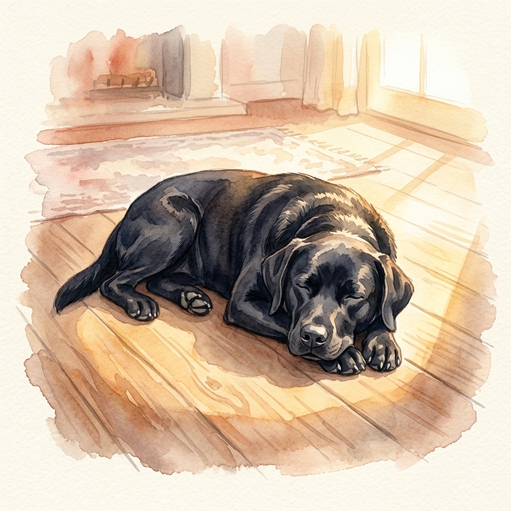 Dog asleep in a warm sunbeam on the floor