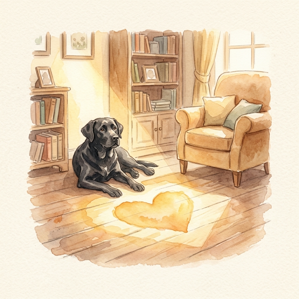Dog resting in a heart-shaped patch of sunlight