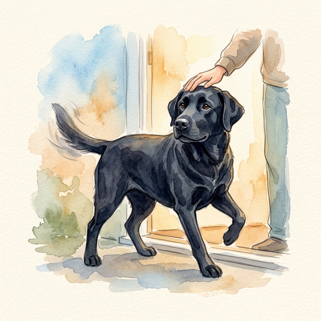 Dog greeted at the door by a loving hand