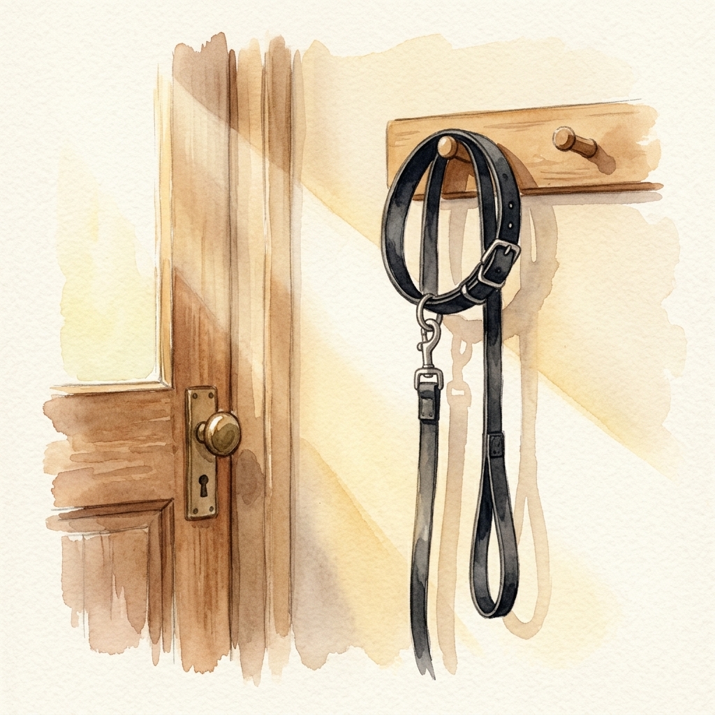 An empty leash and collar hanging by the door