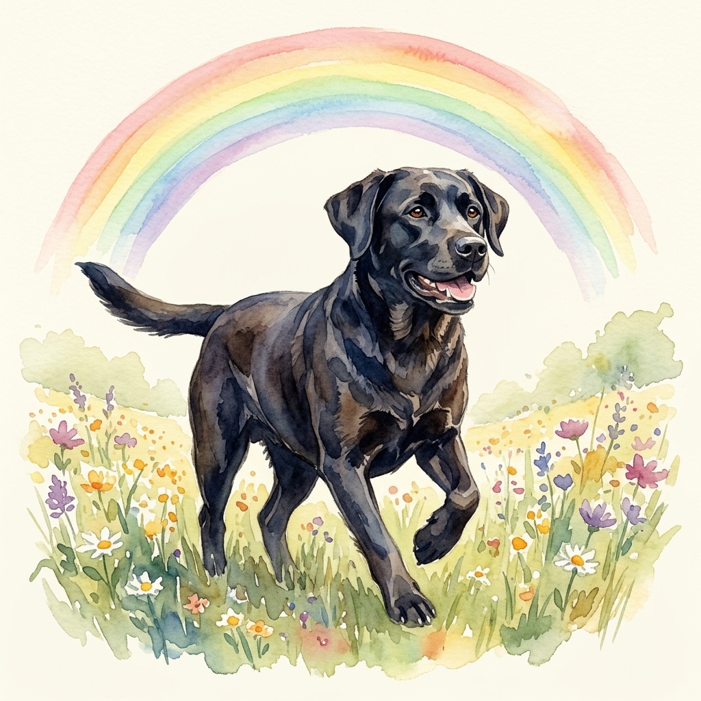 Dog running joyfully beneath a rainbow