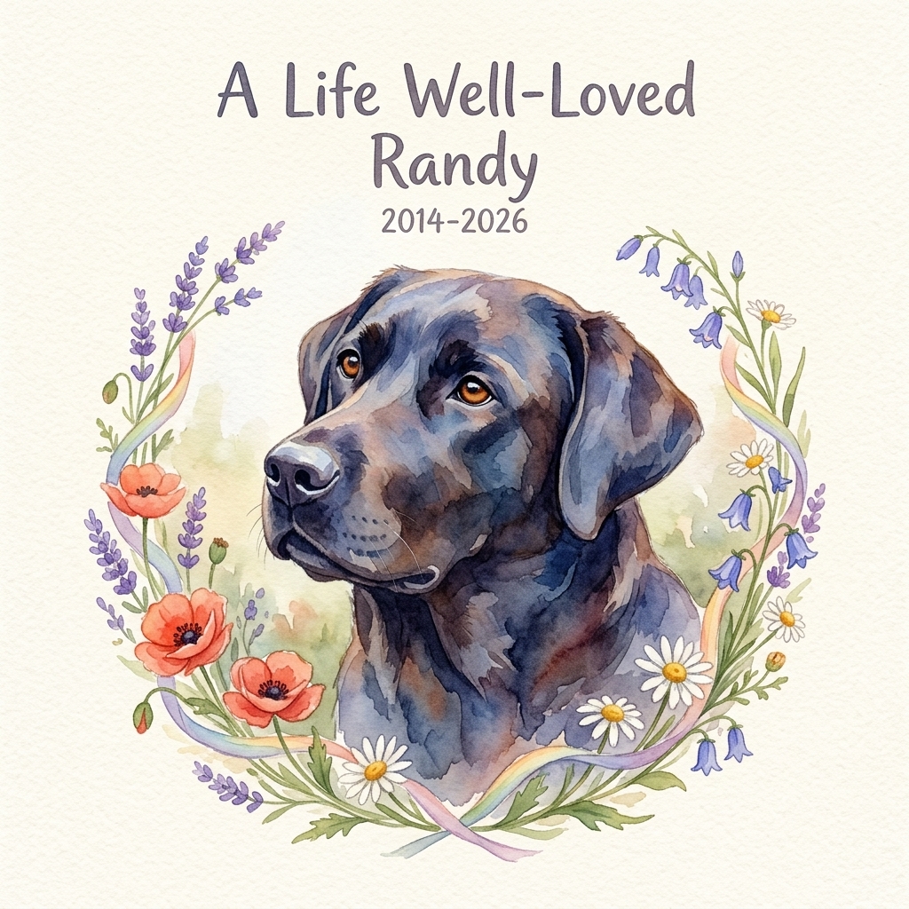 Sample memorial book cover illustration of a dog in a flower wreath, titled A Life Well-Loved, Randy